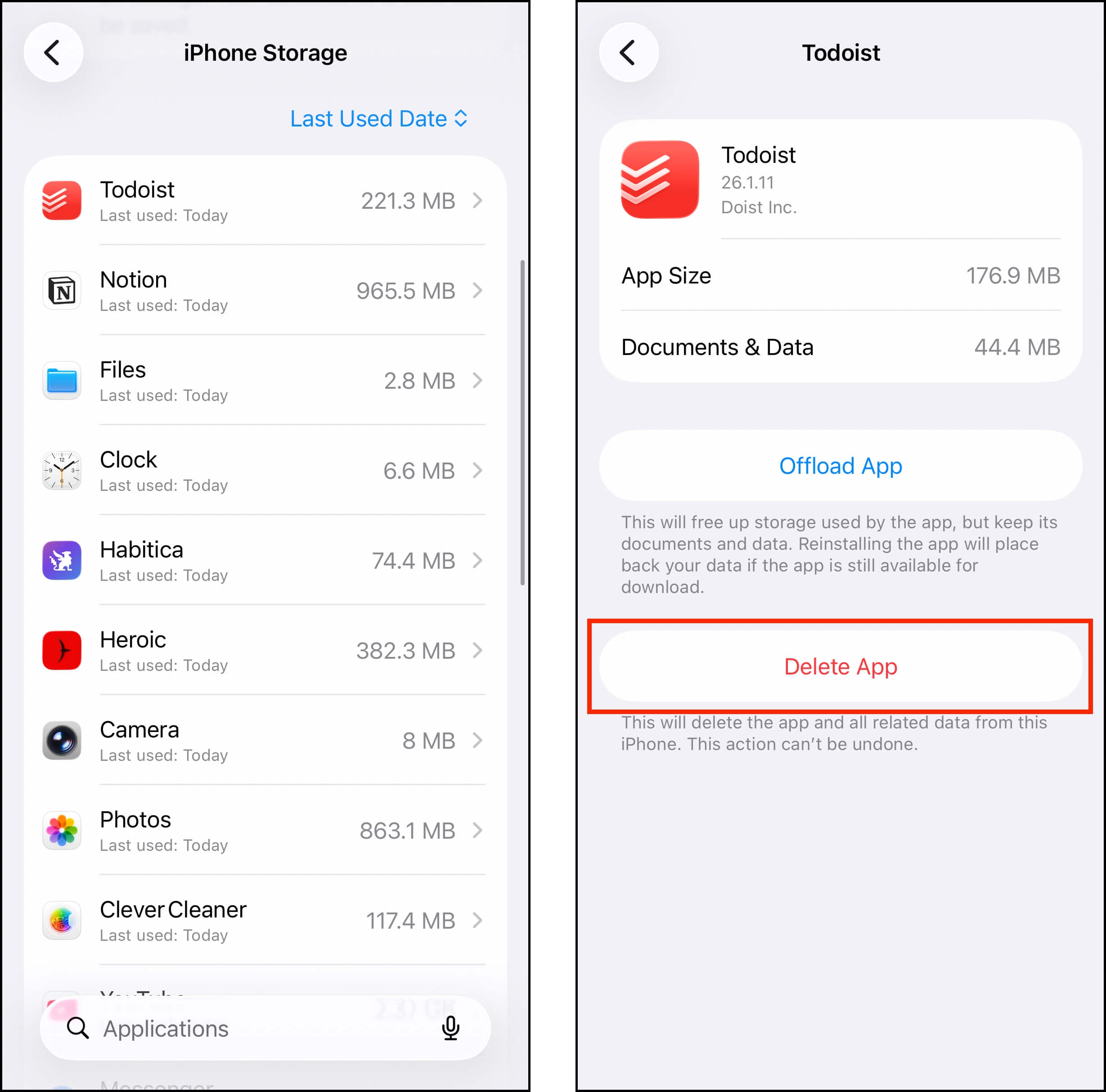 Deleting an app via the iPhone Storage menu
