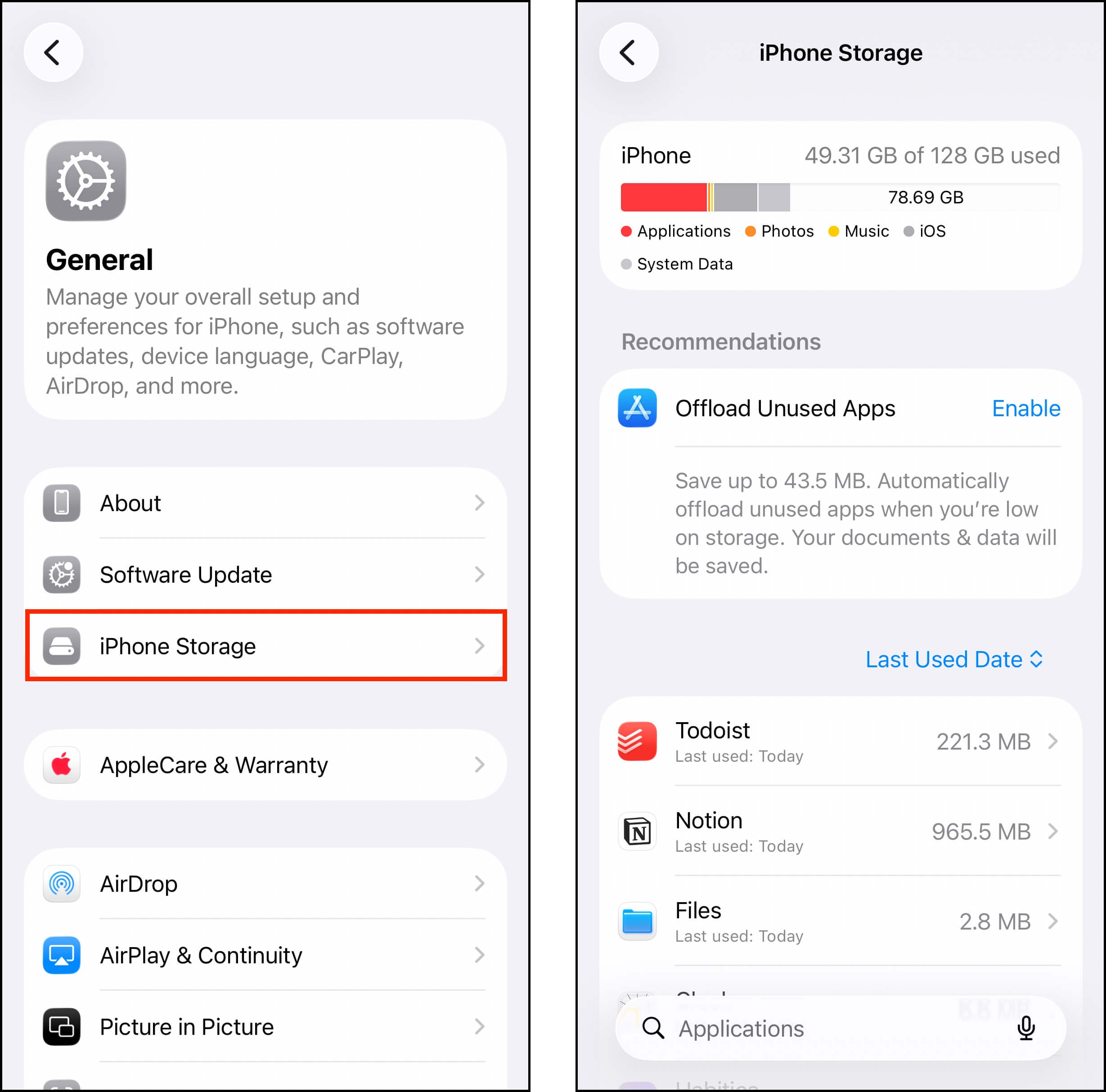 Opening the iPhone Storage menu in the Settings app