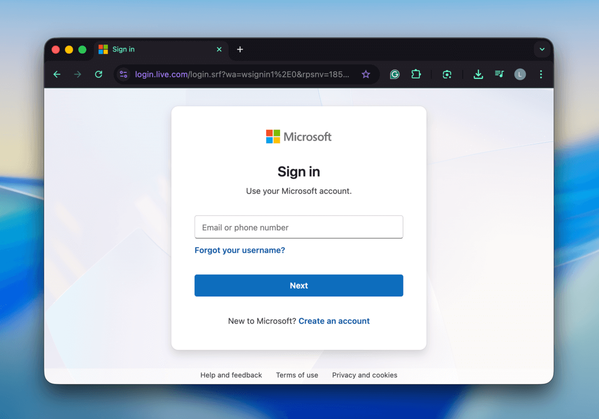 sign in page in Microsoft website