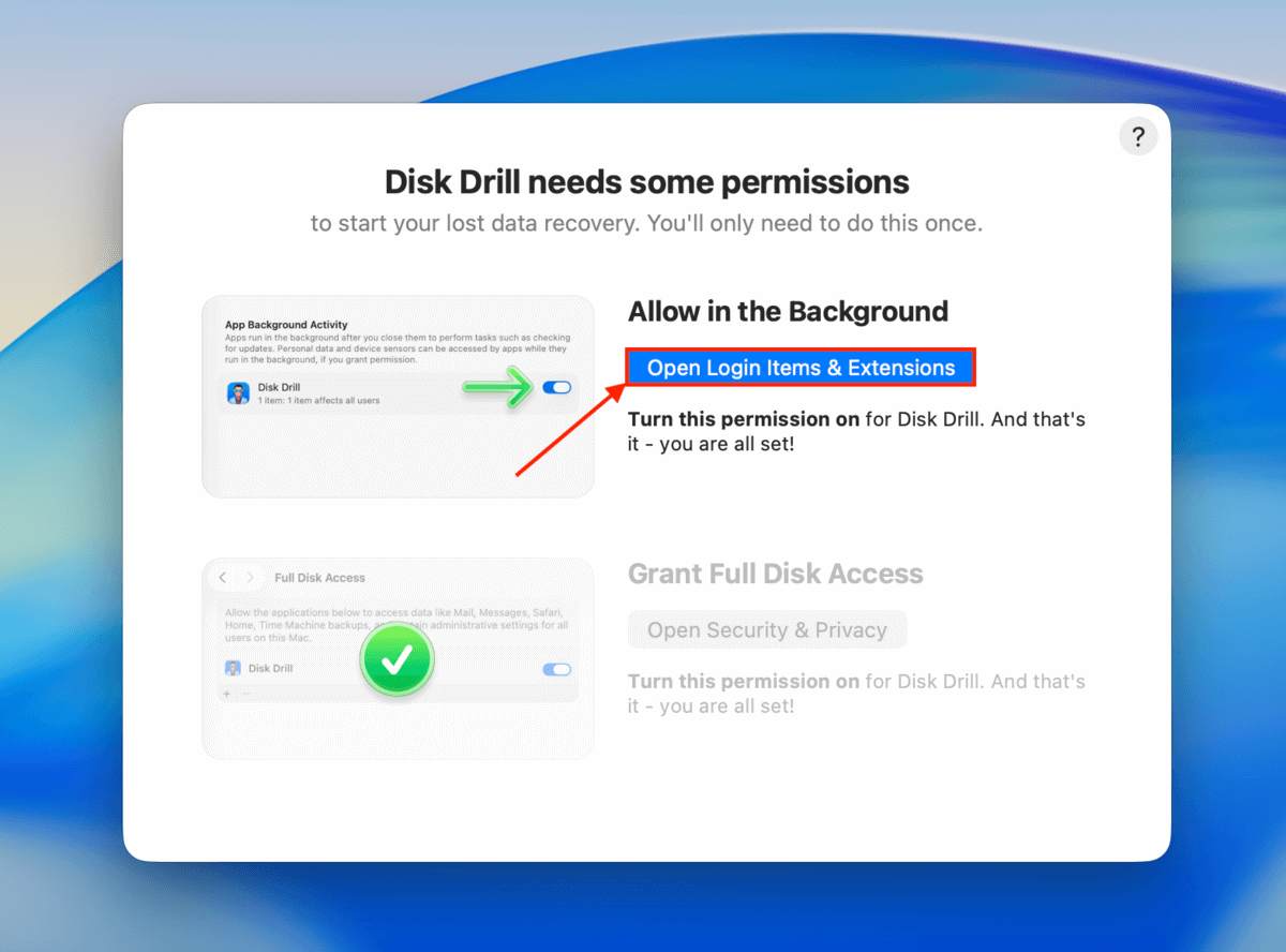 permissions window in disk drill