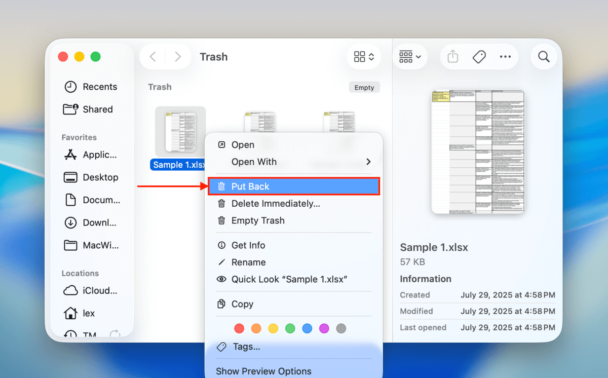 put back option in the dropdown menu