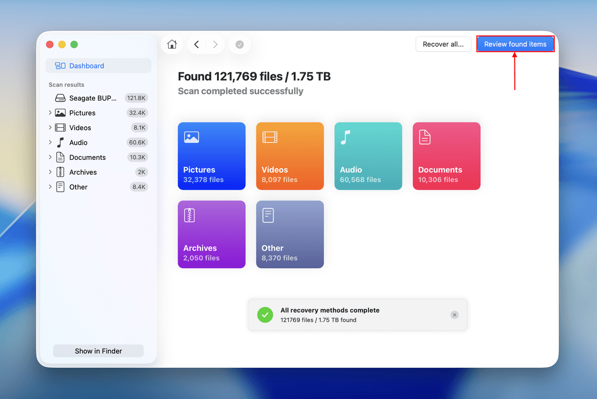 scan results in disk drill