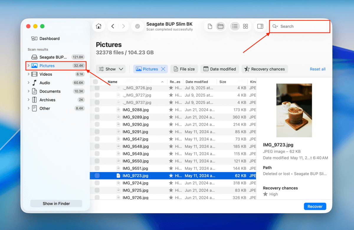 search and filter tools in disk drill