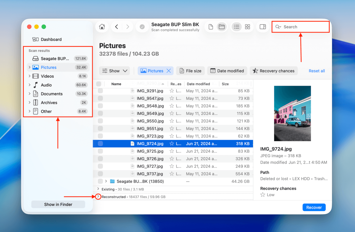 search and filter tools in disk drill