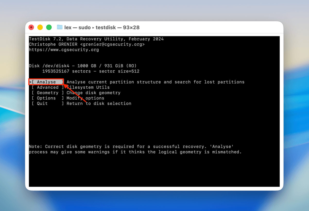analyse option in testdisk