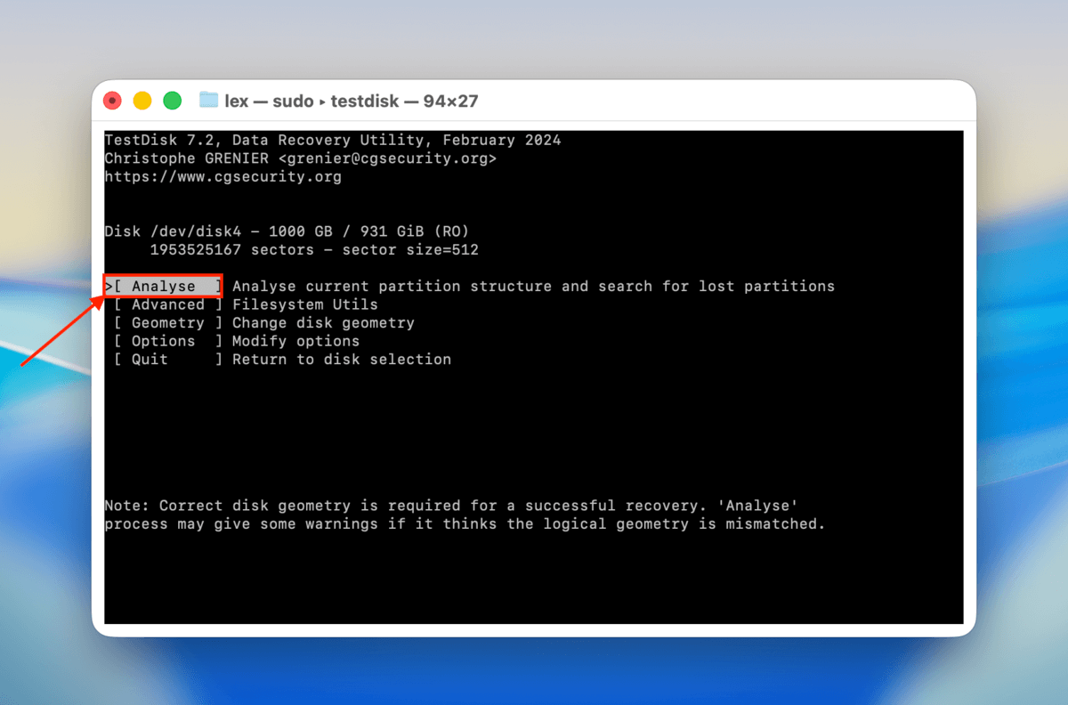 analyse option in testdisk