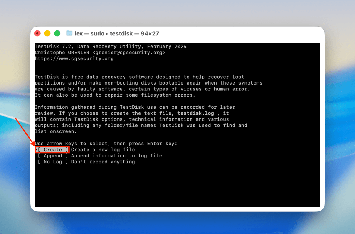 create option in testdisk