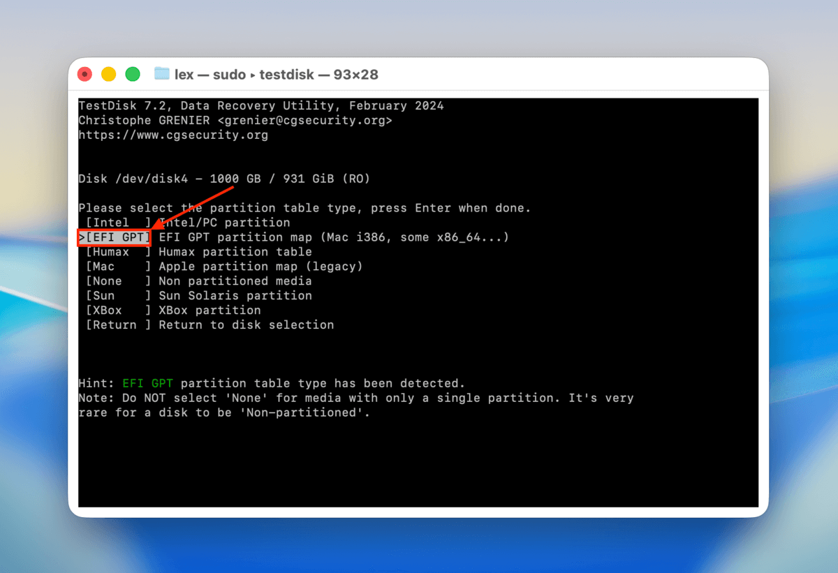 partition table selection list in testdisk