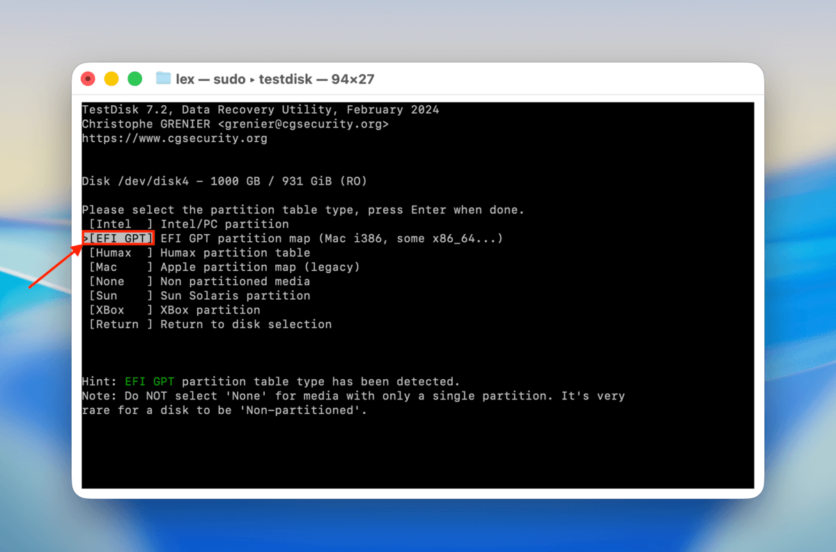 partition table type selection in testdisk