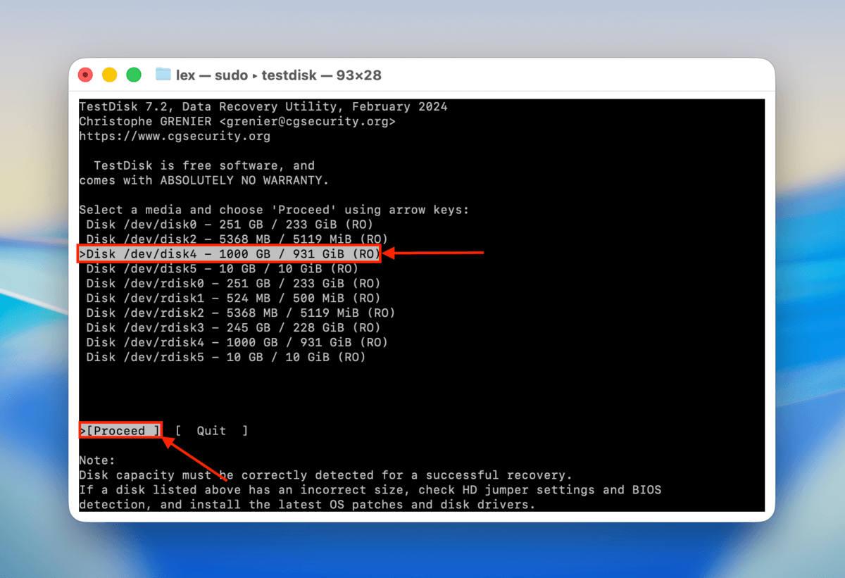 proceed option in testdisk