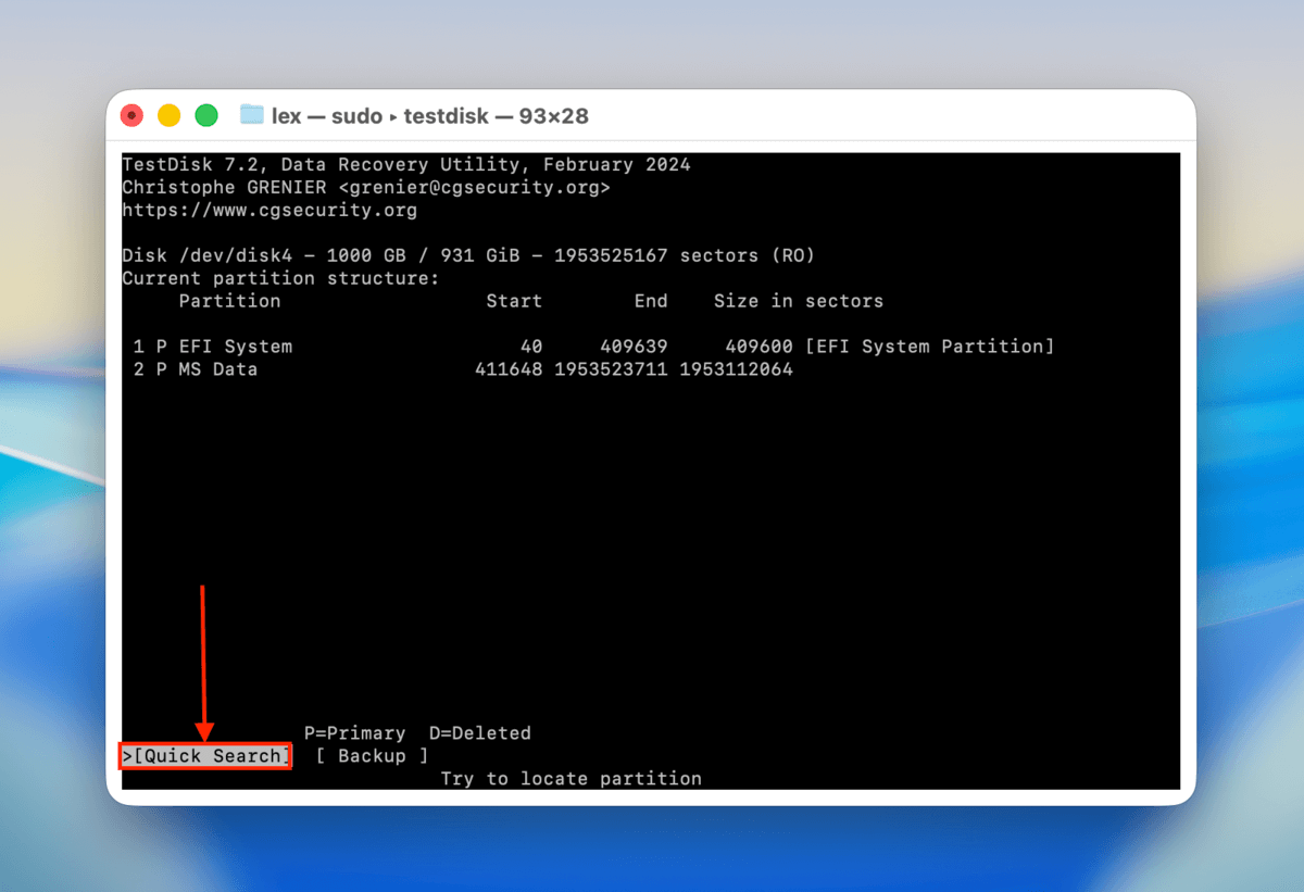 quick search option in testdisk