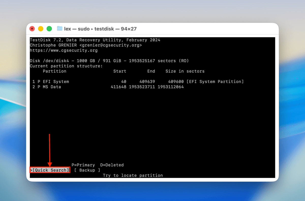 quick search option in testdisk