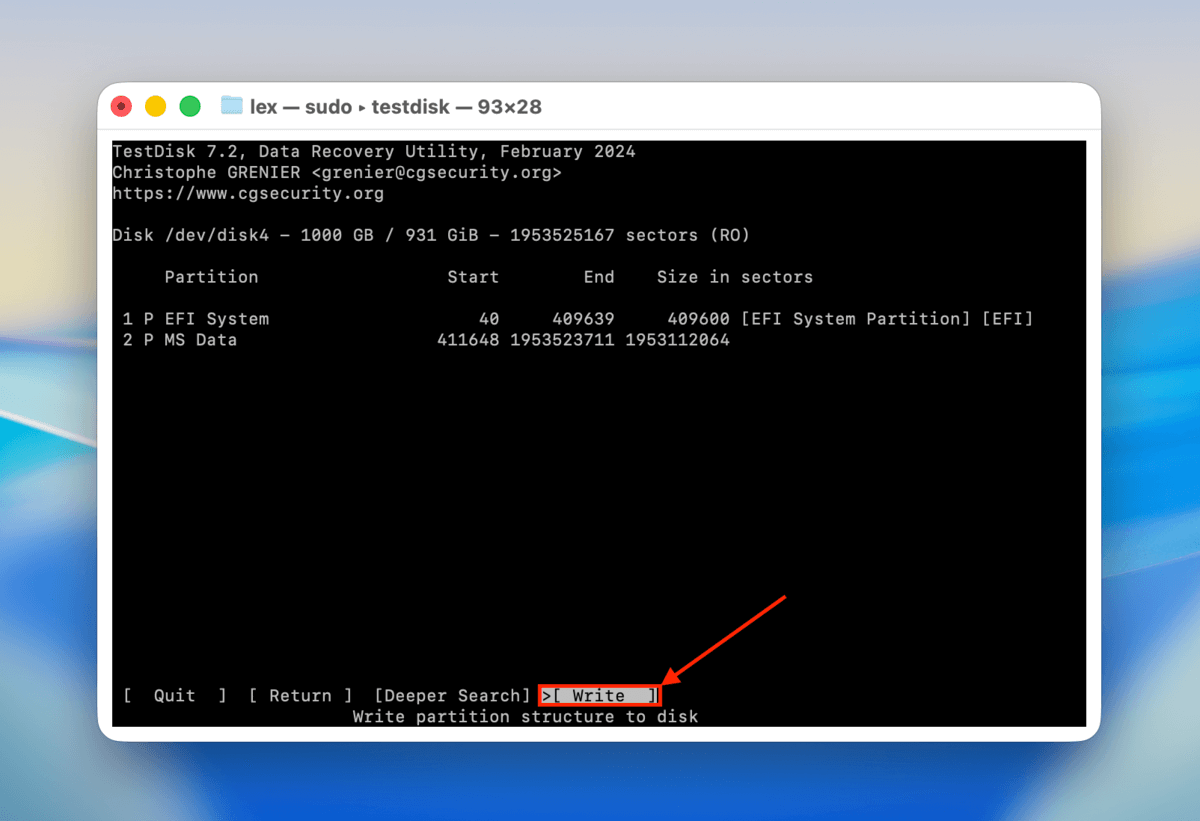 write option in testdisk