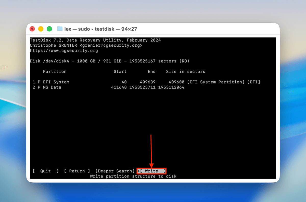 write option in testdisk