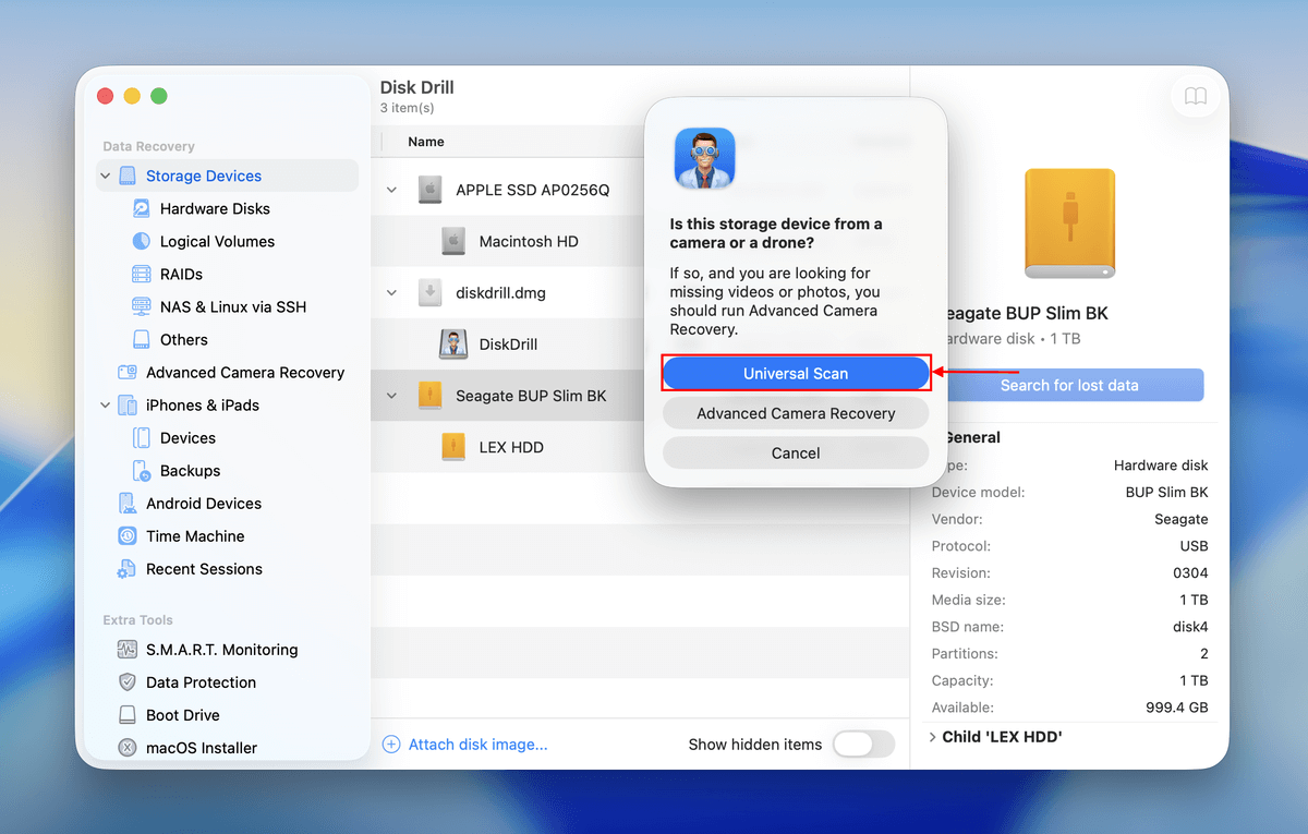 universal scan in the dropdown menu in disk drill
