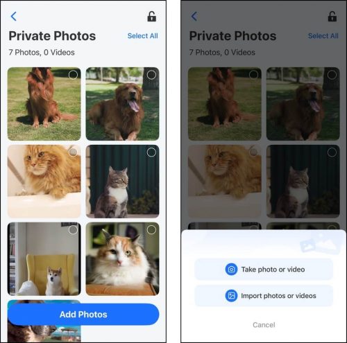 Adding photos to Cleaner Neat's Private Photos tool