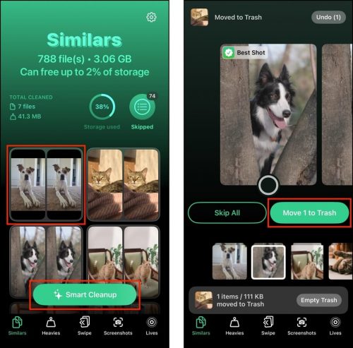 Clever Cleaner's Smart Cleanup button and Move to Trash button
