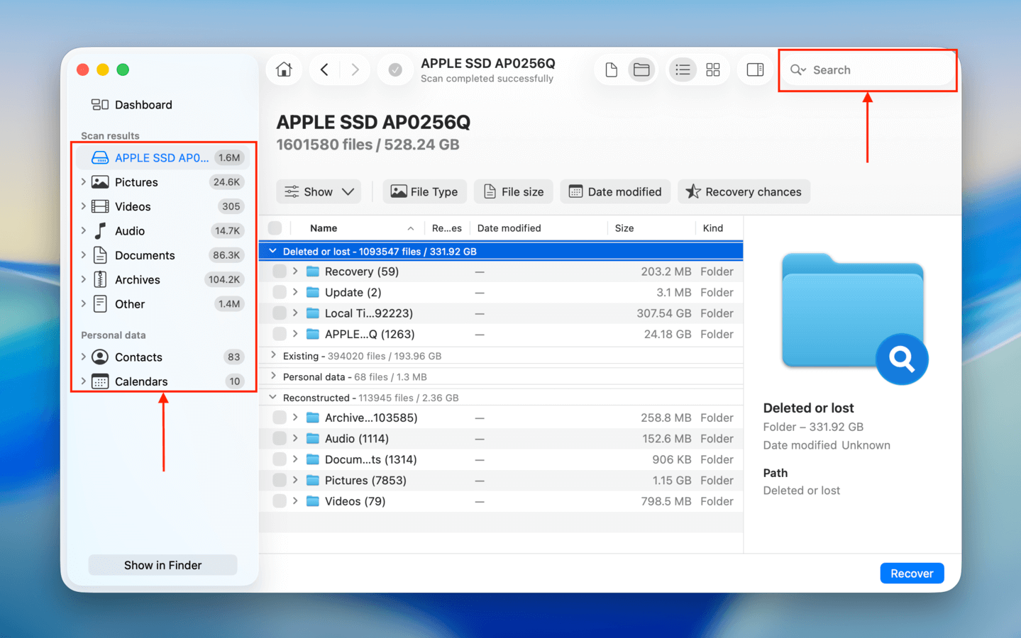 Using the filter and search tools in Disk Drill