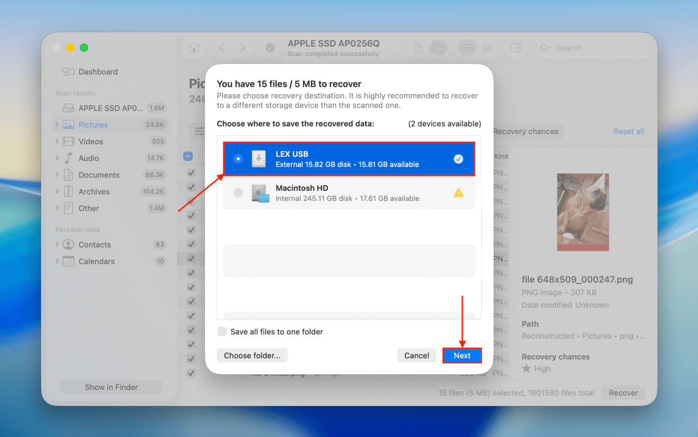 Choosing where Disk Drill will save the recovered files