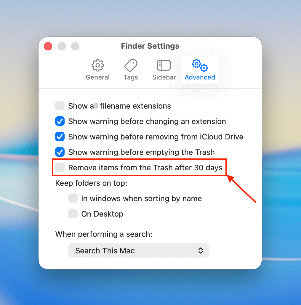 Viewing the 30-day time limit setting for the Trash folder