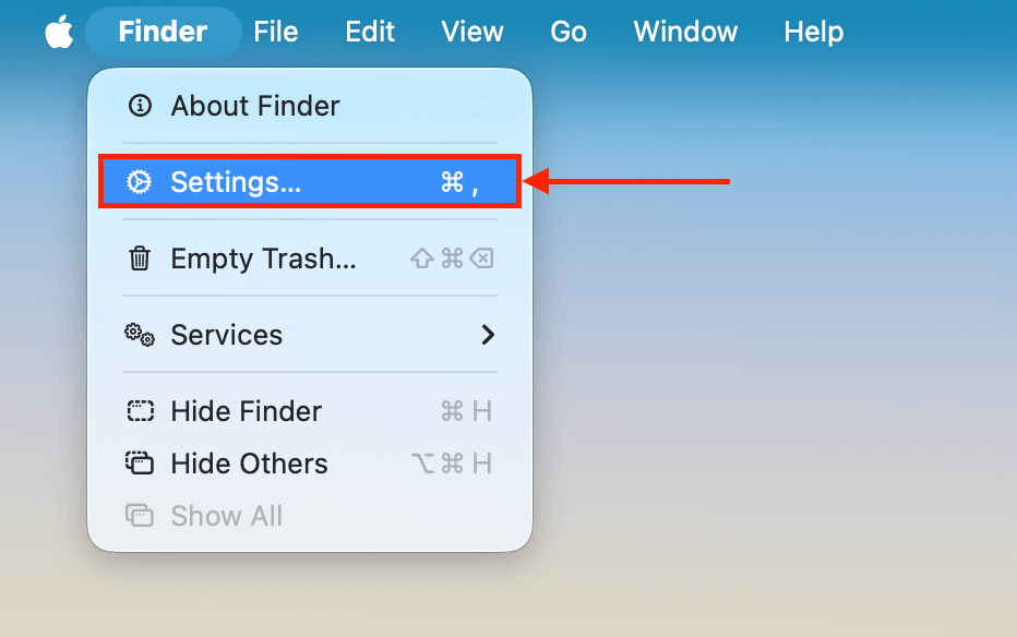 Opening Finder's Settings menu