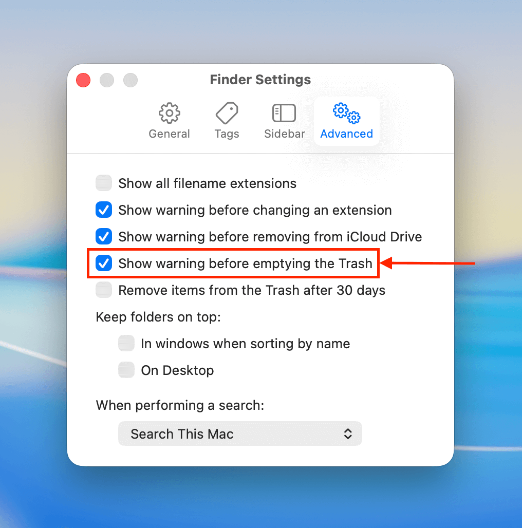 Viewing the file deletion warning setting for Finder