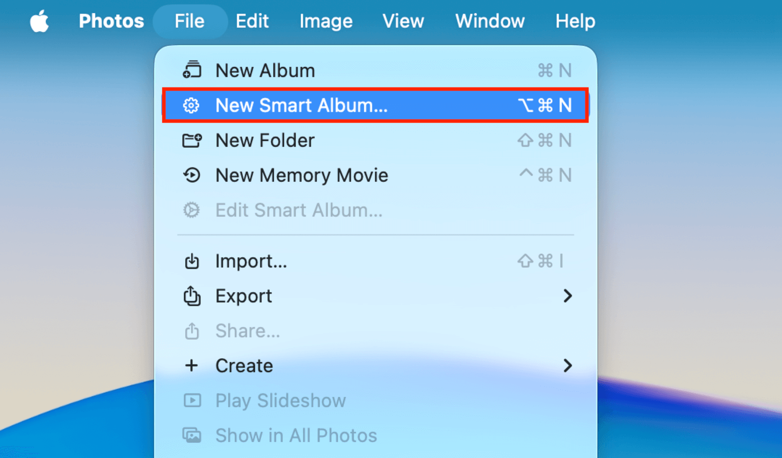 New Smart Album button in the Photos App's context menu