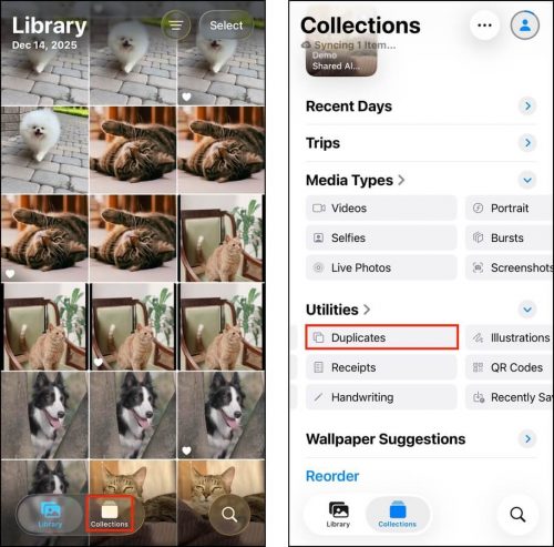 Opening the Duplicates utility in the Photos app