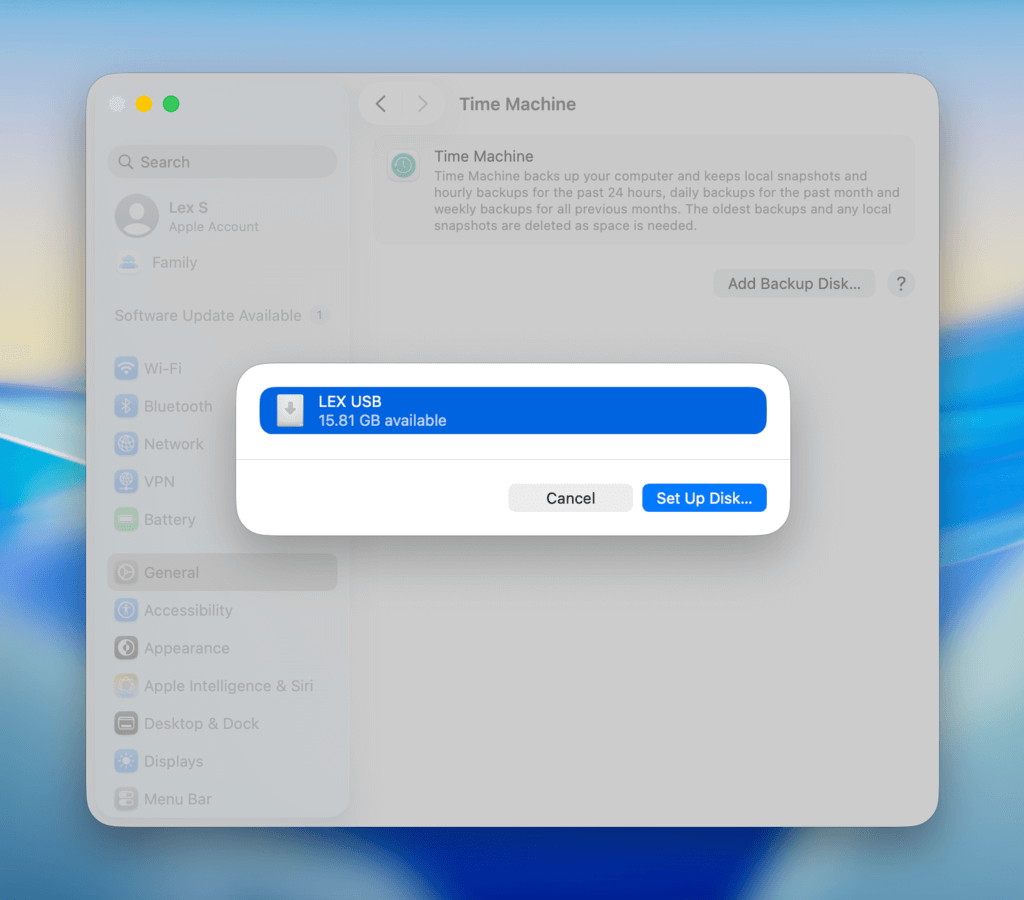 Setting up a Time Machine drive in System Settings