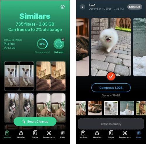 Similar cleaner and Live compressor tools in Clever Cleaner for iOS