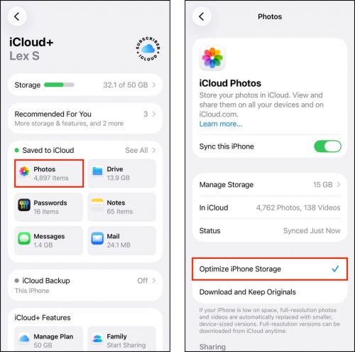 Enabling Optimize iPhone Storage in the Settings app