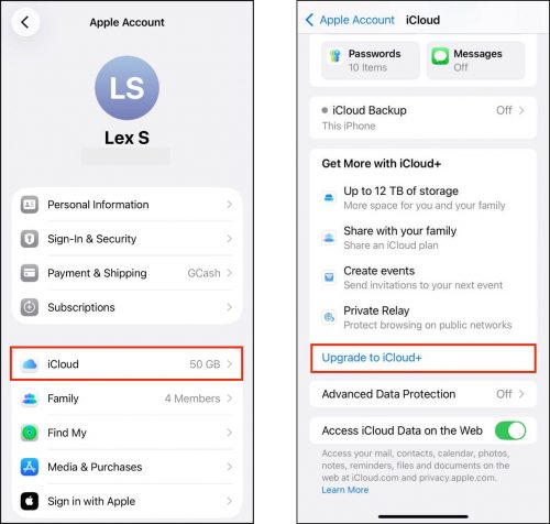 Upgrading to iCloud+ in the iOS Settings app