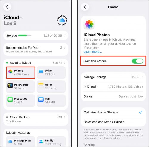 Toggling iCloud's sync settings in the Settings app