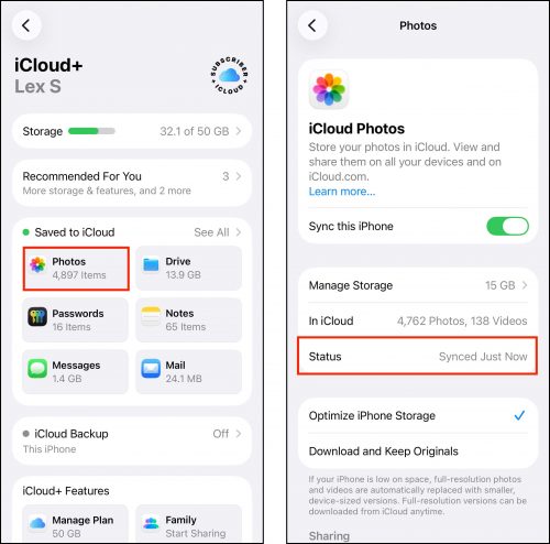 Checking iCloud's sync status in the Settings app
