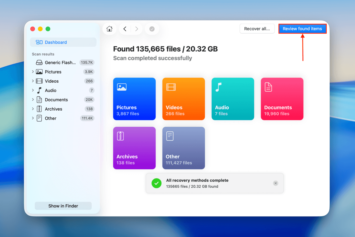 Review found files button after scanning the USB drive