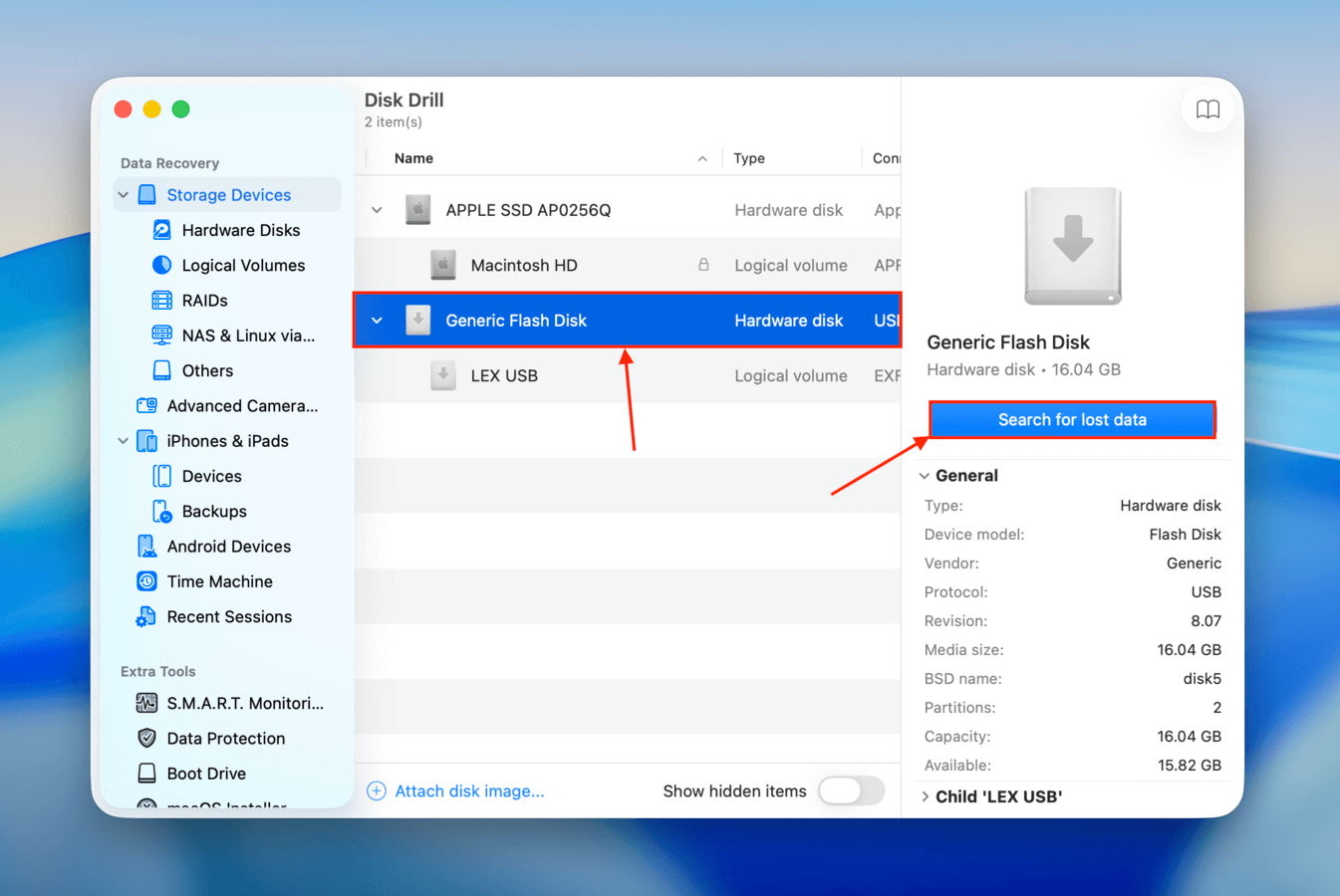 Scanning a USB drive in Disk Drill