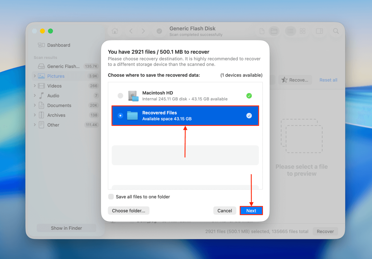 Choosing a destination folder for recovered USB files