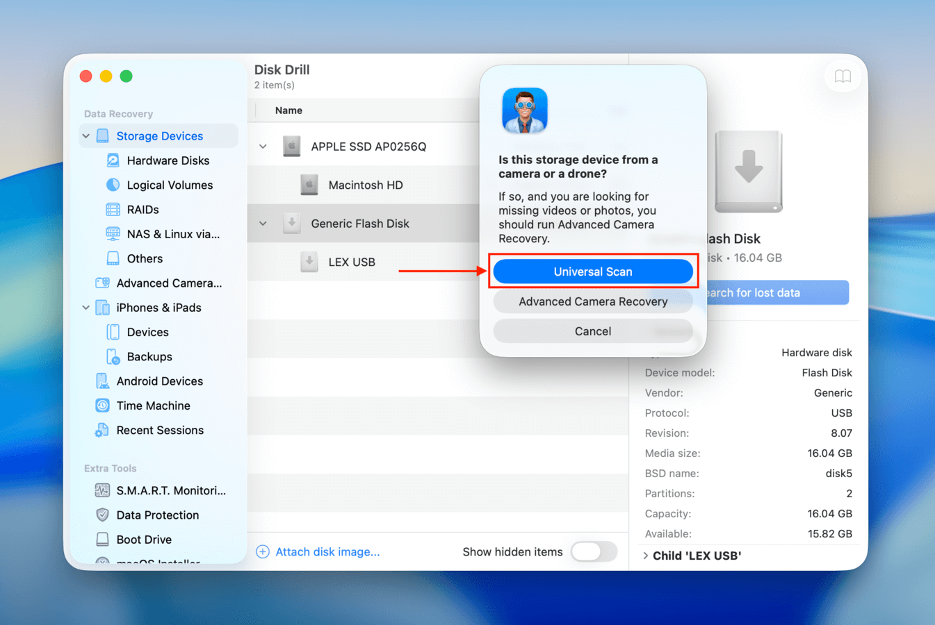 Choosing the Universal scan for a USB drive in Disk Drill