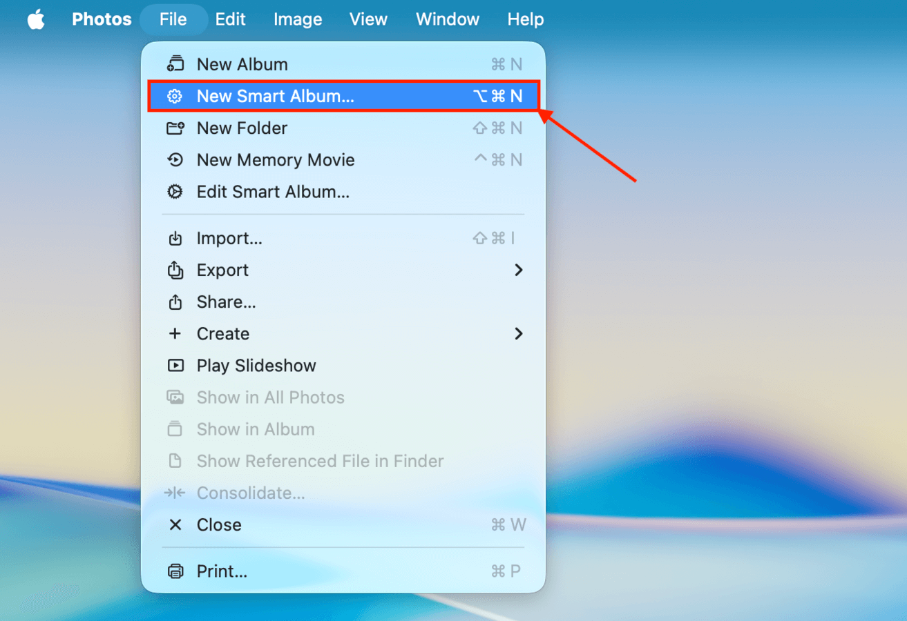 New Smart Album option in macOS Photos File menu