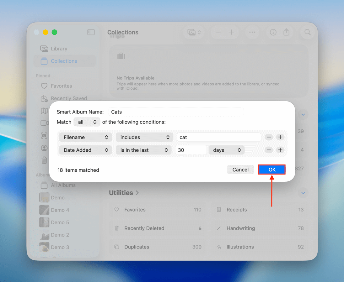 Smart Album creation dialog in macOS Photos