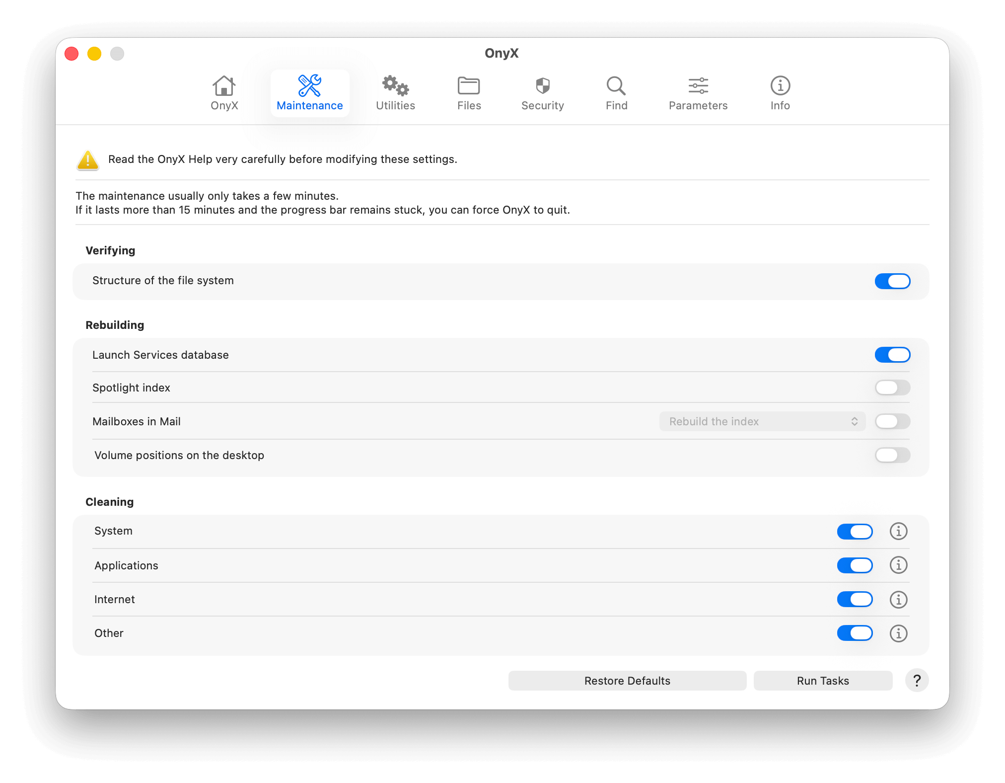 OnyX app interface on Mac