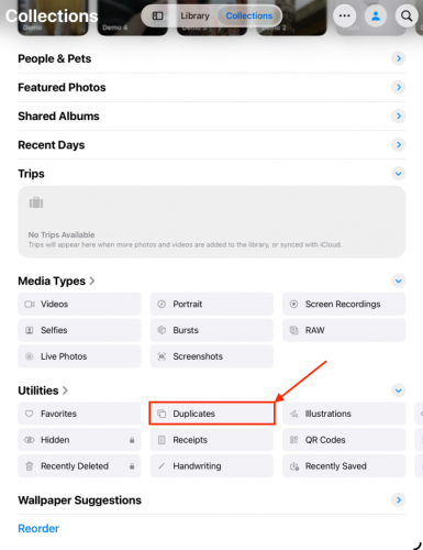 Opening the Duplicates folder in the iPad Photos app