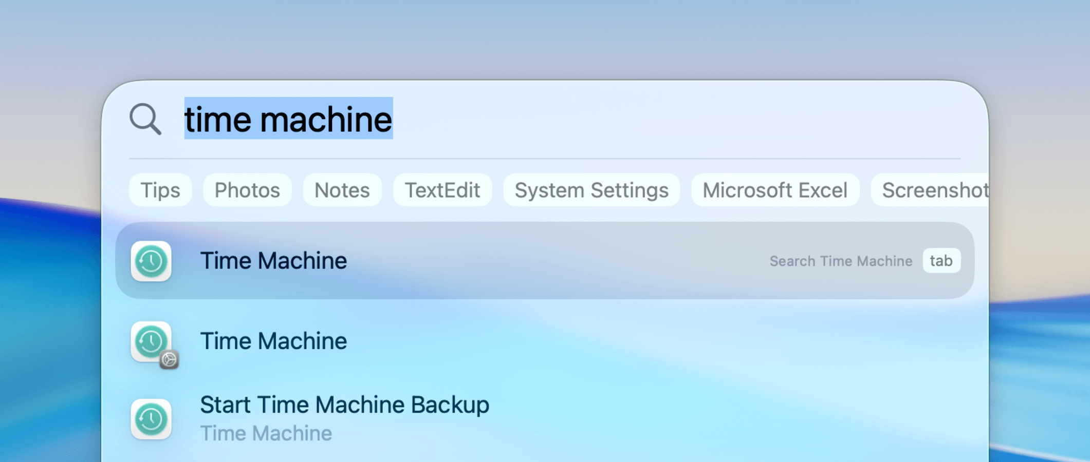 Launching Time Machine using the Spotlight tool