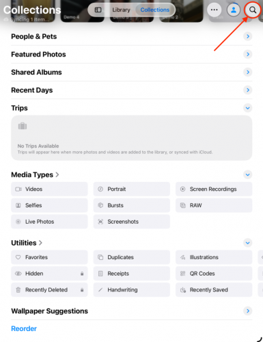 Search button in iPad Photos